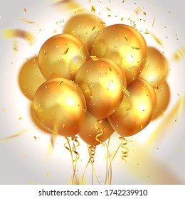 Festive golden balloons with confetti. Opening, festival, birthday. Vector illustration
