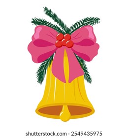 A festive golden bell adorned with a pink ribbon, red berries, and green pine branches, symbolizing Christmas and holiday celebrations in a cheerful design.