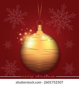 A festive golden Christmas ball adorned with dark stripes on a red snowflake background.