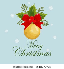 Festive golden Christmas toy with a red ribbon, holly leaves, and berries Perfect holiday decoration. Vector illustration.