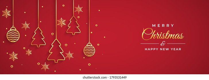 Festive golden christmas tree, snowflake, ball and tree border isolated on red background, Christmas design for postcard or greeting card. Vector illustration, merry xmas snowflake header or banner.