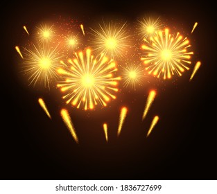 Festive Golden Firework Salute Burst. Festive patterned firework bursting in various shapes sparkling pictograms set.
