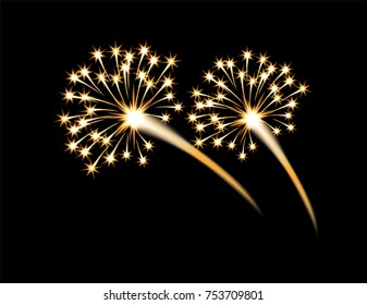 Festive golden firework salute, flash on a black background. Isolated Vector Illustration