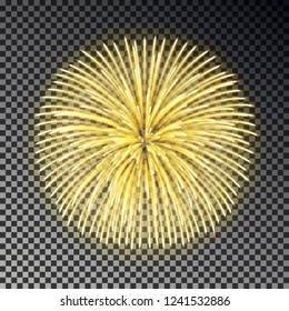 Festive golden fireworks. Christmas firecracker light effect isolated on dark background. Firework decoration for New Year, Party, Birthday. Diwali fire cracker salute. Vector illustration.