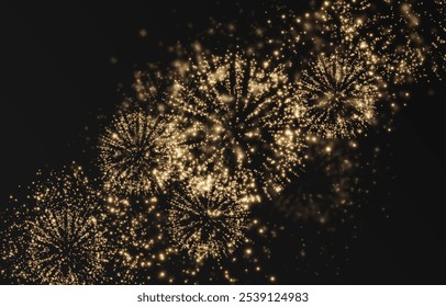 Festive golden fireworks. Merry Christmas and Happy New Year 2025