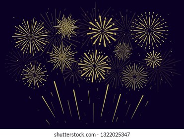 Festive golden fireworks on black background. Vector illustration. Flat design. EPS 10.