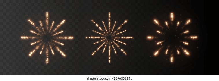 Fuegos artificiales de oro festivos PNG. Explosión de varios fuegos artificiales sobre un fondo transparente. Fondo festivo.