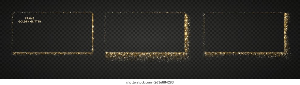 Festive golden frame with glitter and light particles. Decorative border for invitation, greeting card, or poster.