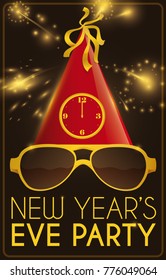Festive golden glasses, party hat with a clock countdown until midnight for New Year's Eve party and firework display.