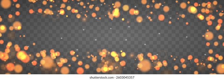 Festive golden glowing background. Vector festive glitter texture. Bokeh frame. Transparent background.