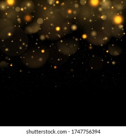 Festive golden luminous background with colorful lights bokeh. Christmas concept. Abstract glowing bokeh lights isolated on black background. Magic concept. Vector illustration, EPS 10.