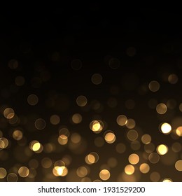 Festive golden luminous background with colorful lights bokeh. Sparkling magical dust particles.
