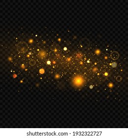 Festive golden luminous background with colorful lights bokeh. Sparkling magical dust particles. The dust sparks and golden stars shine with special light on a black background. Christmas concept.