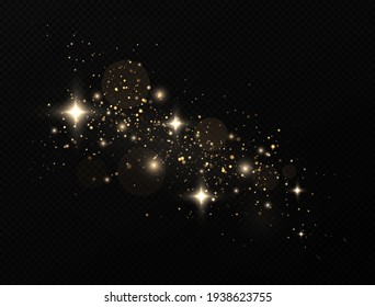 Festive golden luminous background with colorful lights bokeh. Sparkling magical dust particles. The dust sparks and golden stars shine with special light on a black background. Christmas concept.