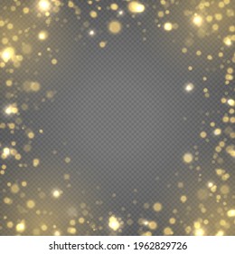 Festive golden luminous background with colorful lights bokeh. Christmas concept. Glow bokeh effect. The dust sparks and golden stars shine with special light. Vector illustration.