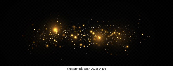 Festive golden luminous background with colorful lights bokeh. Sparkling magical dust particles. The dust sparks and golden stars shine with special light on a black background. Christmas concept.