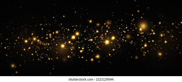 Festive golden luminous background with colorful lights. The dust sparks and golden stars shine with special light on a black background. Christmas concept.