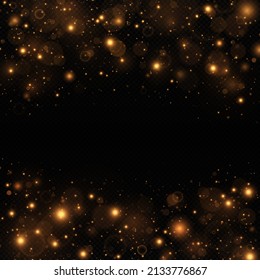 Festive golden luminous background with colorful lights bokeh. Christmas concept. Sparkling magic dust particles. 