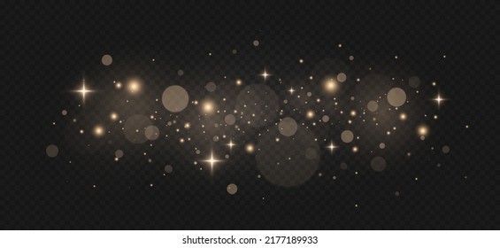Festive golden luminous background with colorful lights bokeh. Sparkling magical dust particles. The dust sparks and golden stars shine with special light on a black background. Christmas concept.