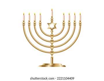 Festive golden menorah with nine branches for Jewish holiday Hanukkah, isolated vector illustration