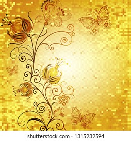 Festive golden mosaic frame with vintage flowers and butterflies. Vector image, eps 10