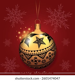 A festive golden ornament featuring a star and lace pattern set against a red decorative holiday backdrop.