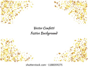 Festive golden rectangle confetti background. Abstract frame confetti texture for holiday, postcard, poster, website, carnivals, birthday and children's parties. Cover confetti mock-up. Wedding card 