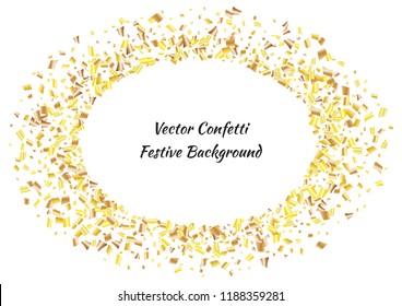 Festive golden rectangle confetti background. Abstract frame confetti texture for holiday, postcard, poster, website, carnivals, birthday and children's parties. Cover confetti mock-up. Wedding card 