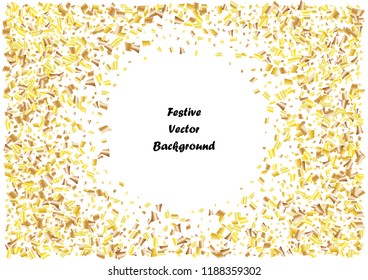 Festive golden rectangle confetti background. Abstract frame confetti texture for holiday, postcard, poster, website, carnivals, birthday and children's parties. Cover confetti mock-up. Wedding card 