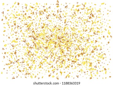 Festive golden rectangle confetti background. Abstract frame confetti texture for holiday, postcard, poster, website, carnivals, birthday and children's parties. Cover confetti mock-up. Wedding card 