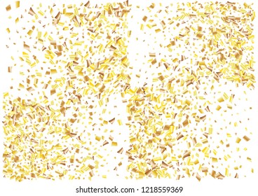 Festive golden rectangle confetti background. Abstract frame confetti texture for holiday, postcard, poster, website, carnivals, birthday and children's parties. Cover confetti mock-up. Wedding card 