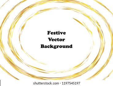 Festive golden round line background. Abstract twisted frame linen texture for holiday, postcard, poster, website, carnival, birthday, children's party. Spiral line cover mock-up. Wedding card layout