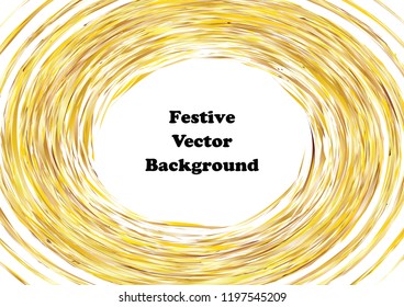 Festive golden round line background. Abstract twisted frame linen texture for holiday, postcard, poster, website, carnival, birthday, children's party. Spiral line cover mock-up. Wedding card layout