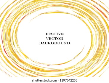 Festive golden round line background. Abstract twisted frame linen texture for holiday, postcard, poster, website, carnival, birthday, children's party. Spiral line cover mock-up. Wedding card layout