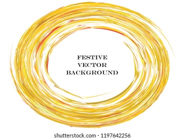 Festive golden round line background. Abstract twisted frame linen texture for holiday, postcard, poster, website, carnival, birthday, children's party. Spiral line cover mock-up. Wedding card layout