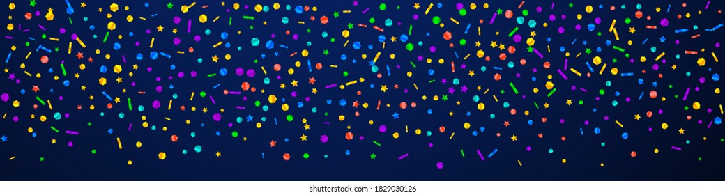 Festive good-looking confetti. Celebration stars. Festive confetti on dark blue background. Alluring festive overlay template. Panoramic vector background.