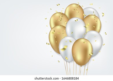 horizontaler Hintergrund. Weiße und goldene Ballons und goldene Funkeln und glänzende Konfetti auf grauem Hintergrund. Realistischer Stil. Feiern Sie die Vorlage. Vektorillustration.