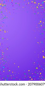 Festive graceful confetti. Celebration stars. Bright confetti on violet background. Fetching festive overlay template. Vertical vector background.