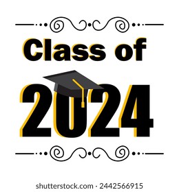 Festive graduation graphic for the Class of 2024 with a cap and decorative elements. Vector illustration. EPS 10.