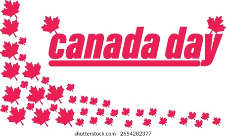 A festive graphic for Canada Day features the words "canada day" in bold pink lettering, accented by a border of red maple leaves cascading from the top left and across the bottom.