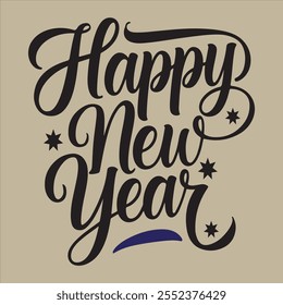 Un Diseño gráfico festivo con el texto "Feliz año Nuevo" en una fuente elegante y escrita a mano sobre un fondo azul degradado. 