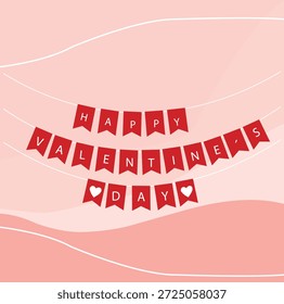 Un gráfico festivo con banderas rojas con letras blancas deletreando 'Feliz Día de San Valentín' sobre un fondo rosa suave con líneas blancas onduladas y un símbolo de corazón
