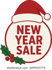 A festive graphic featuring a red Santa hat atop a circular label with "NEW YEAR SALE" text, adorned with a sprig of holly and berries, perfect for holiday promotions.