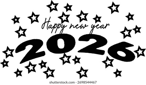 A festive graphic featuring the text 'Happy new year 2026' surrounded by scattered stars, perfect for New Year's Eve celebrations and holiday greetings. Isolated on a clean white background for easy i