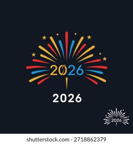 Um gráfico festivo com o ano de 2026 exibido com fogos de artifício coloridos explodindo para fora, simbolizando celebração e novos começos.