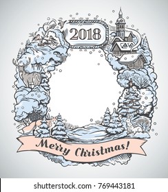 Festive graphic frame, is drawing by hand, with elements and objects of the Christmas holiday.