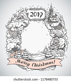 Quadro gráfico festivo, com elementos e objetos do feriado de Natal.