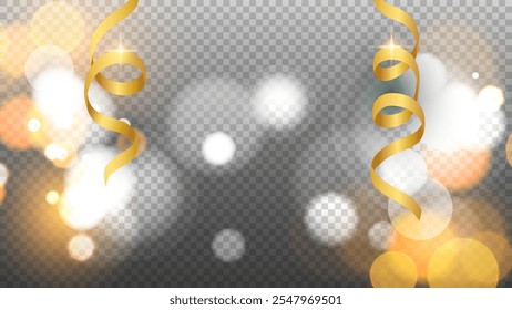 Modelo gráfico festivo para Natal e Ano Novo design de saudações de férias. Fitas de serpentina dourada e luzes bokeh borradas brilhantes. Fundo transparente. Ilustração vetorial.