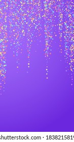 Festive great confetti. Celebration stars. Colorful stars dense on violet background. Gorgeous festive overlay template. Vertical vector background.