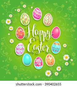 Festive green background with eggs and flowers for design card, banner,ticket, leaflet and so on.Template page with handwritten inscription Happy Easter. Holiday card.